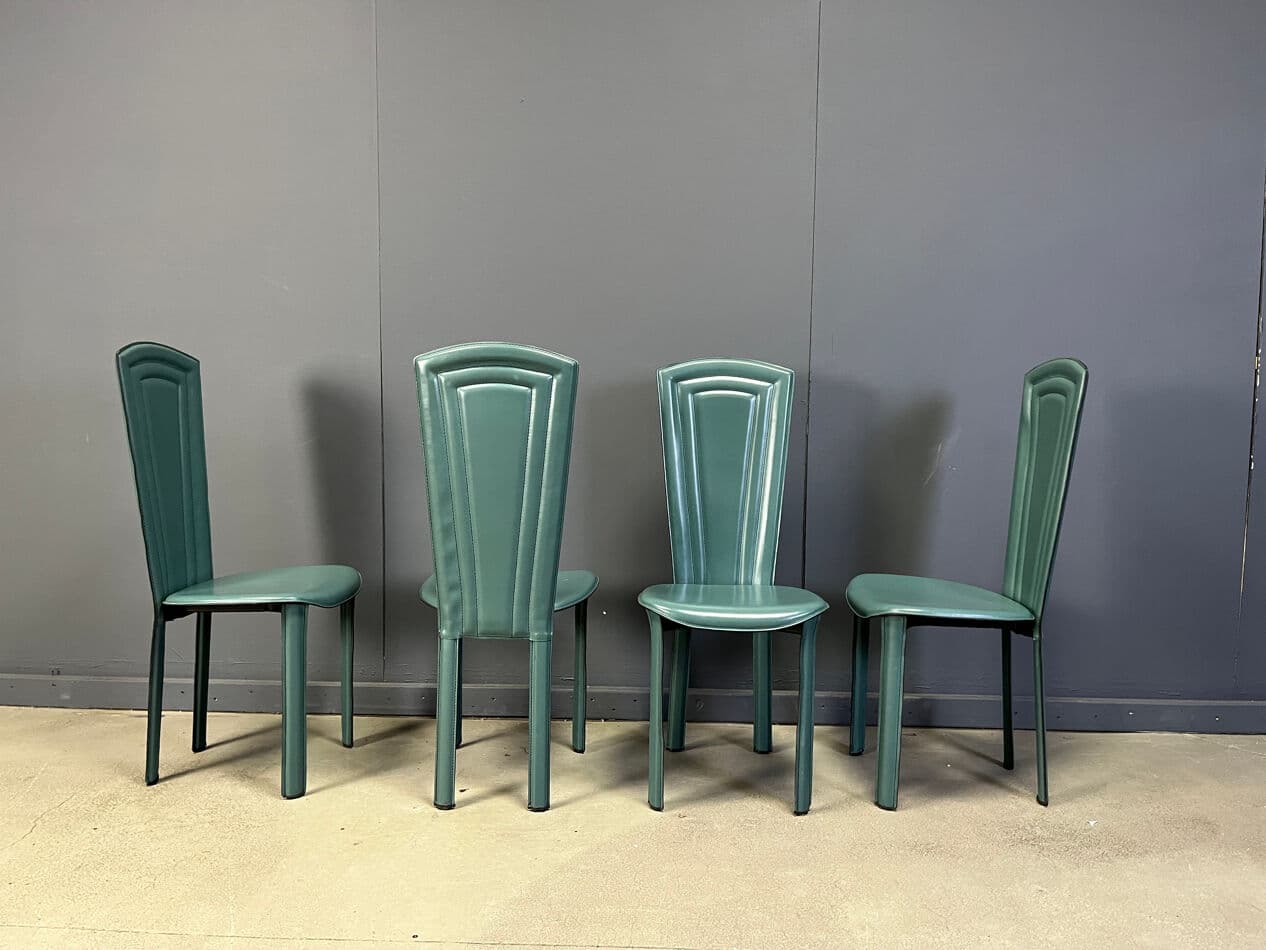 Zestaw czterech krzeseł, skóra zielona, Włochy, lata 80. - 268037
