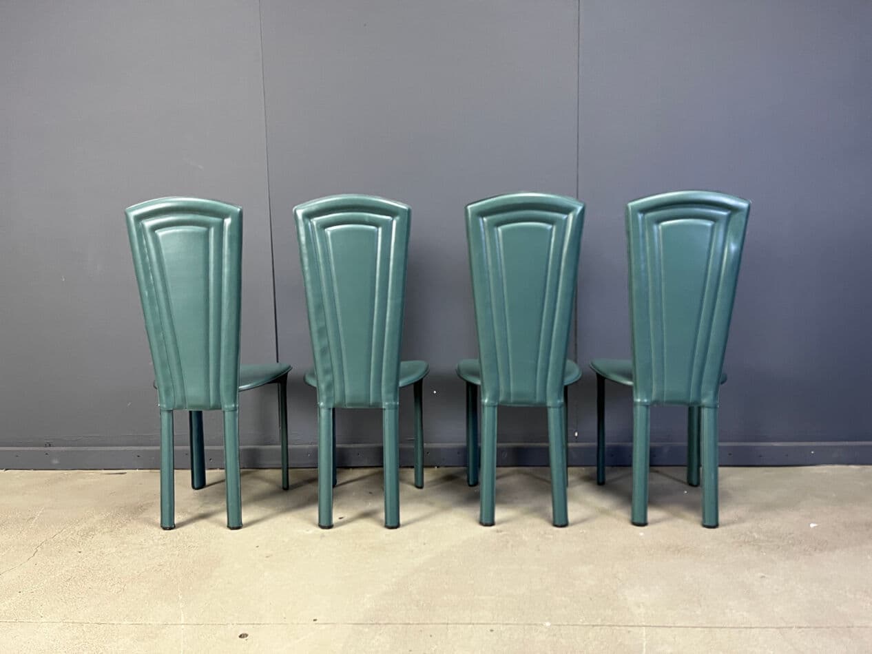 Zestaw czterech krzeseł, skóra zielona, Włochy, lata 80. - 268035