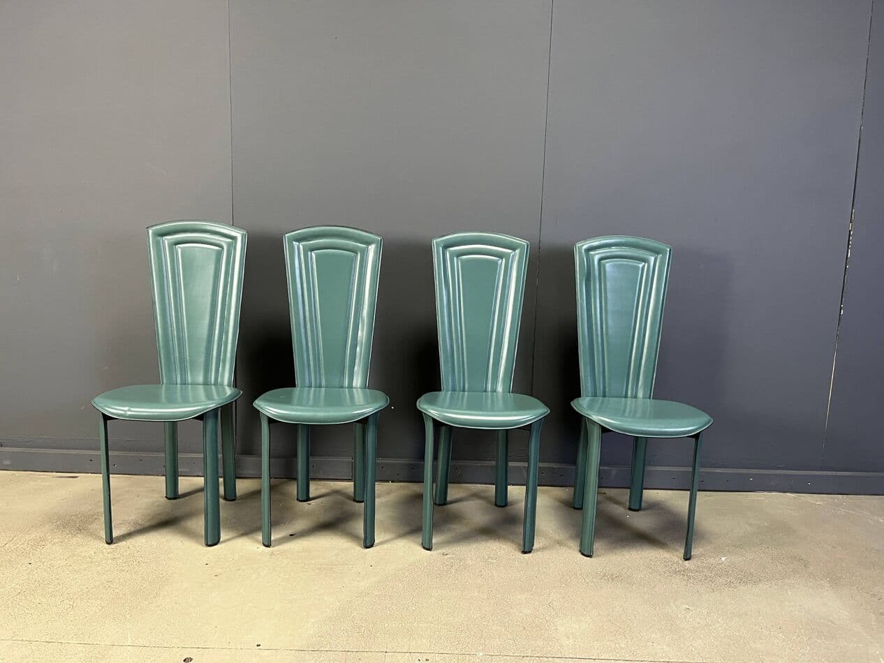 Zestaw czterech krzeseł, skóra zielona, Włochy, lata 80. - 268033