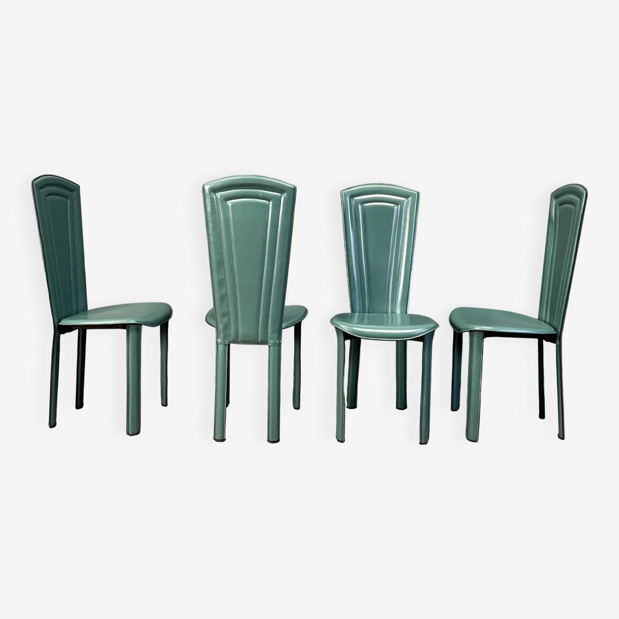 Zestaw czterech krzeseł, skóra zielona, Włochy, lata 80. - 268038