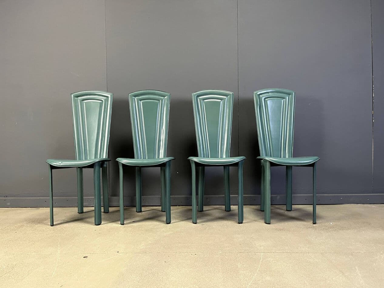 Zestaw czterech krzeseł, skóra zielona, Włochy, lata 80. - 268036