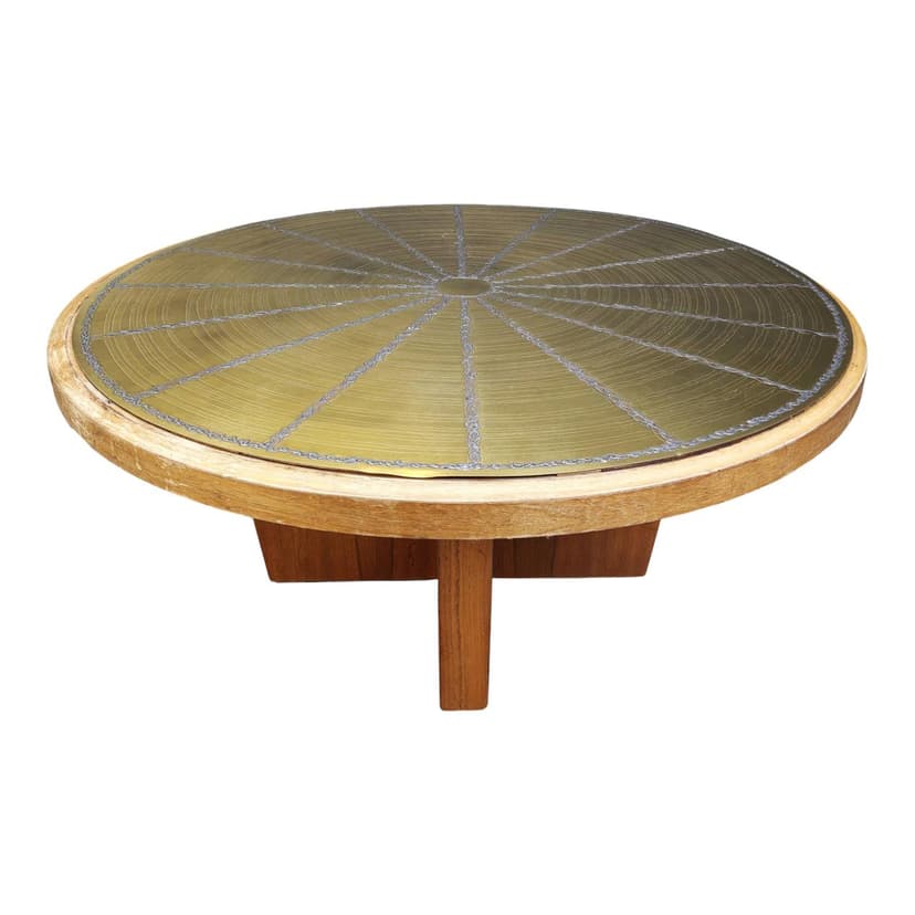 Coffee table, gold brass, wood, Denmark, 1960s.