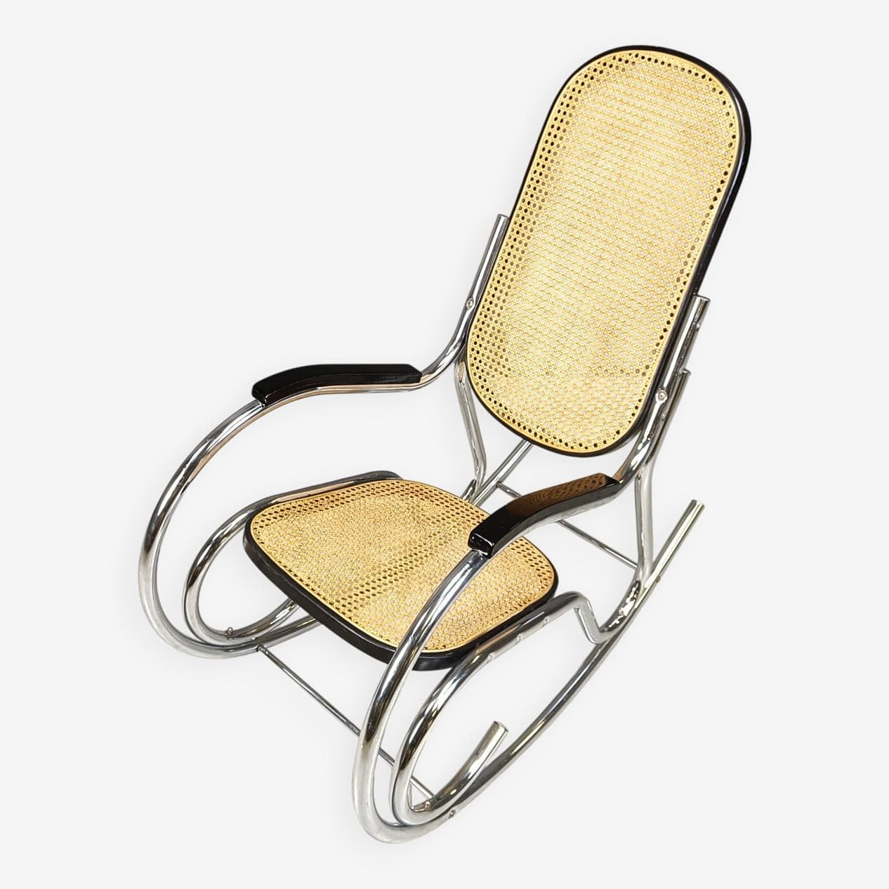 Fotel bujany, rattan beżowy, metal chromowany, Włochy, lata 60. - 267866