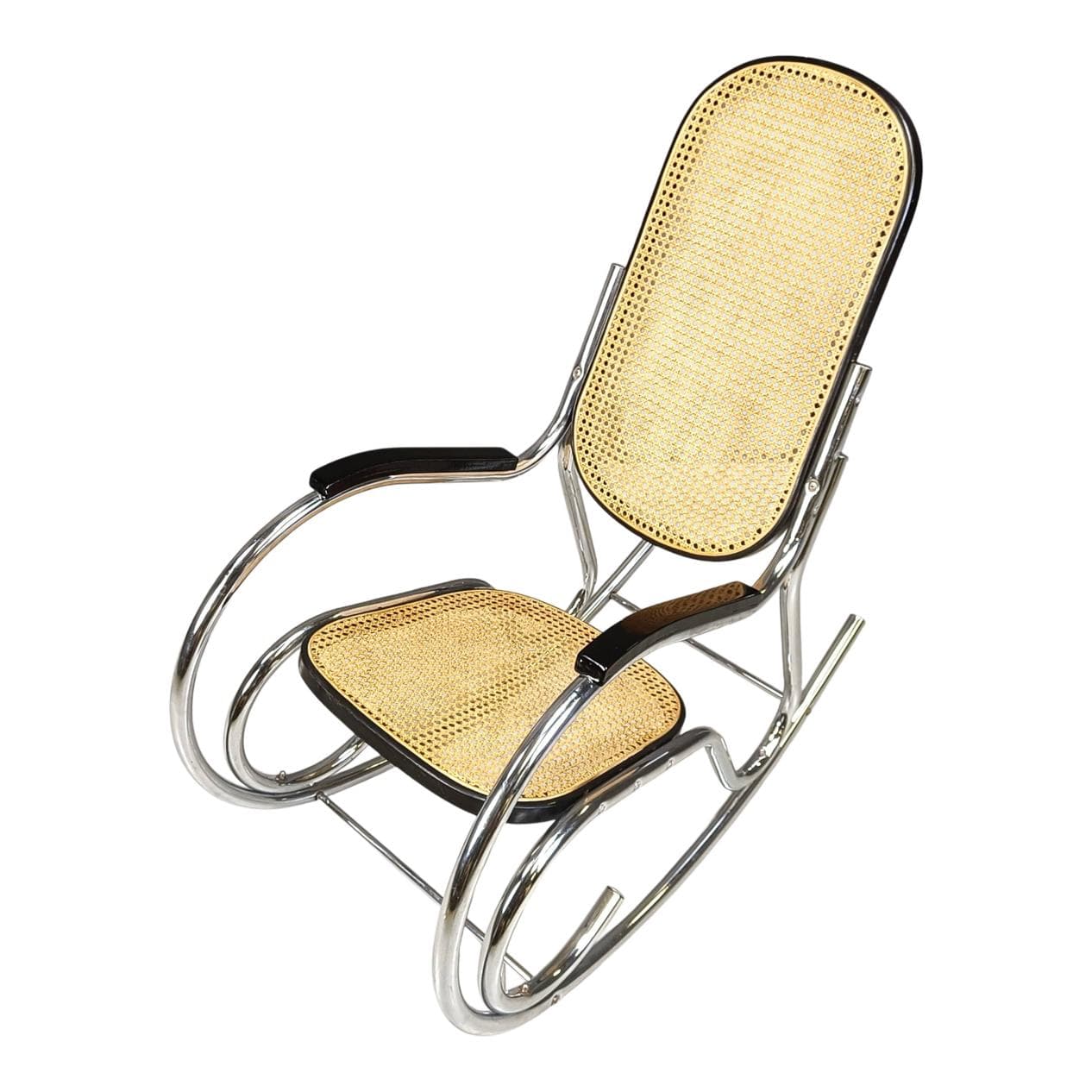 Fotel bujany, rattan beżowy, metal chromowany, Włochy, lata 60.