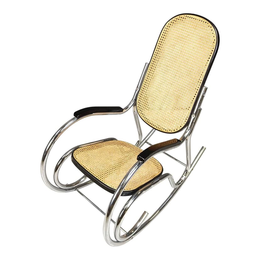 Fotel bujany, rattan beżowy, metal chromowany, Włochy, lata 60.