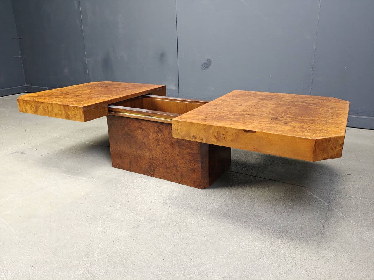 Coffee Table Hollywood Regency, brown burl wood, France, 1970s - 267831