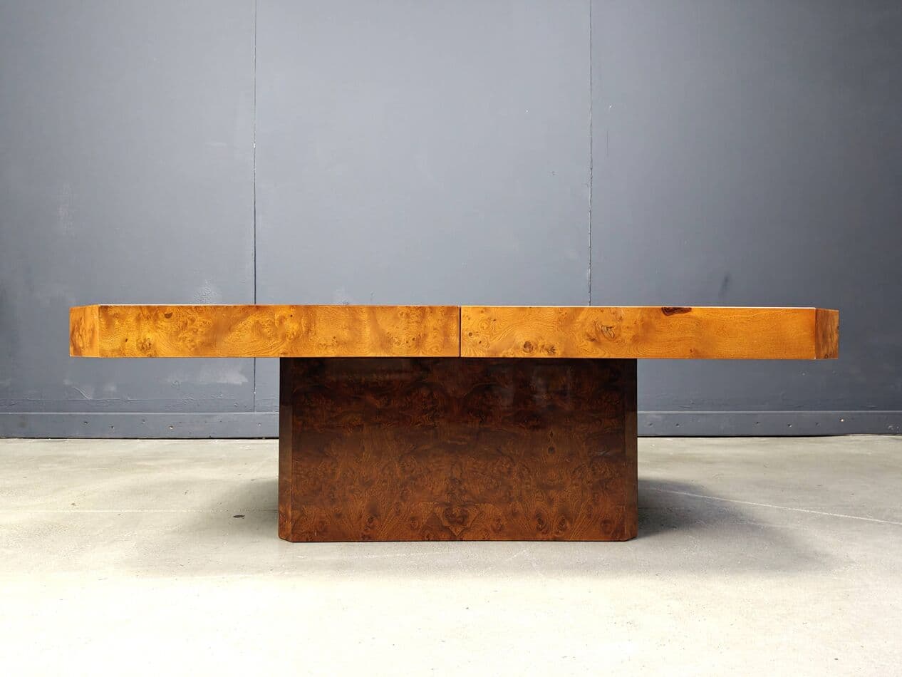 Coffee Table Hollywood Regency, brown burl wood, France, 1970s - 267837