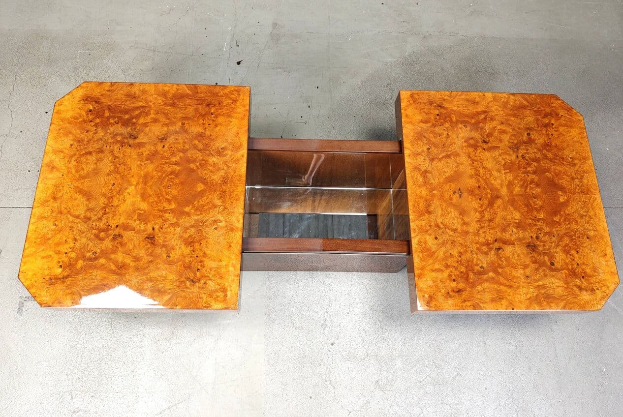 Coffee Table Hollywood Regency, brown burl wood, France, 1970s - 267832