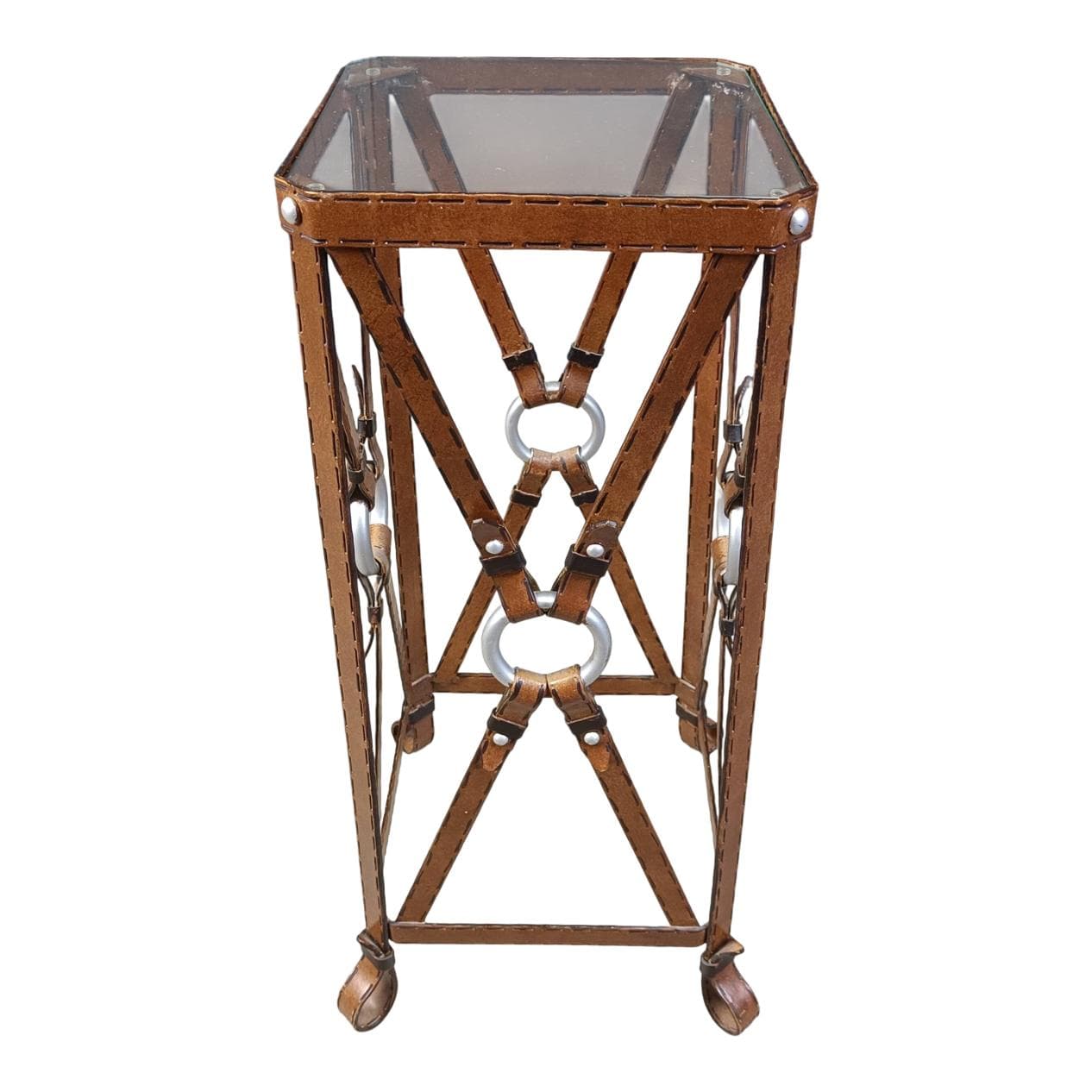 Stolik boczny, styl Jacques Adnet, brązowy, skóra ekologiczna żelazo szkło, Francja, lata 70.