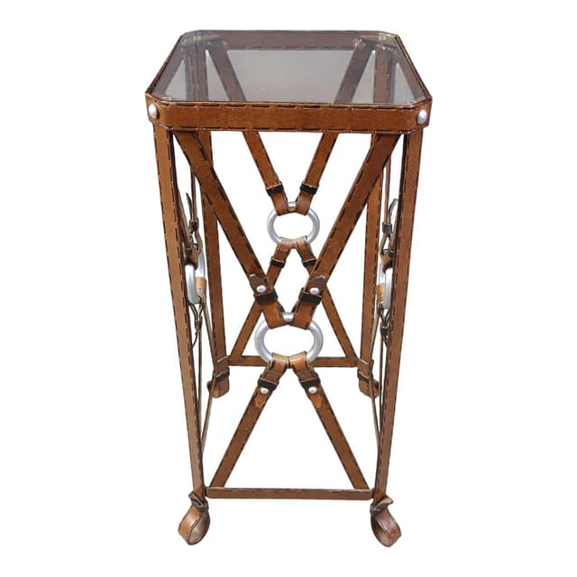 Stolik boczny, styl Jacques Adnet, brązowy, skóra ekologiczna żelazo szkło, Francja, lata 70. - WYMIARY