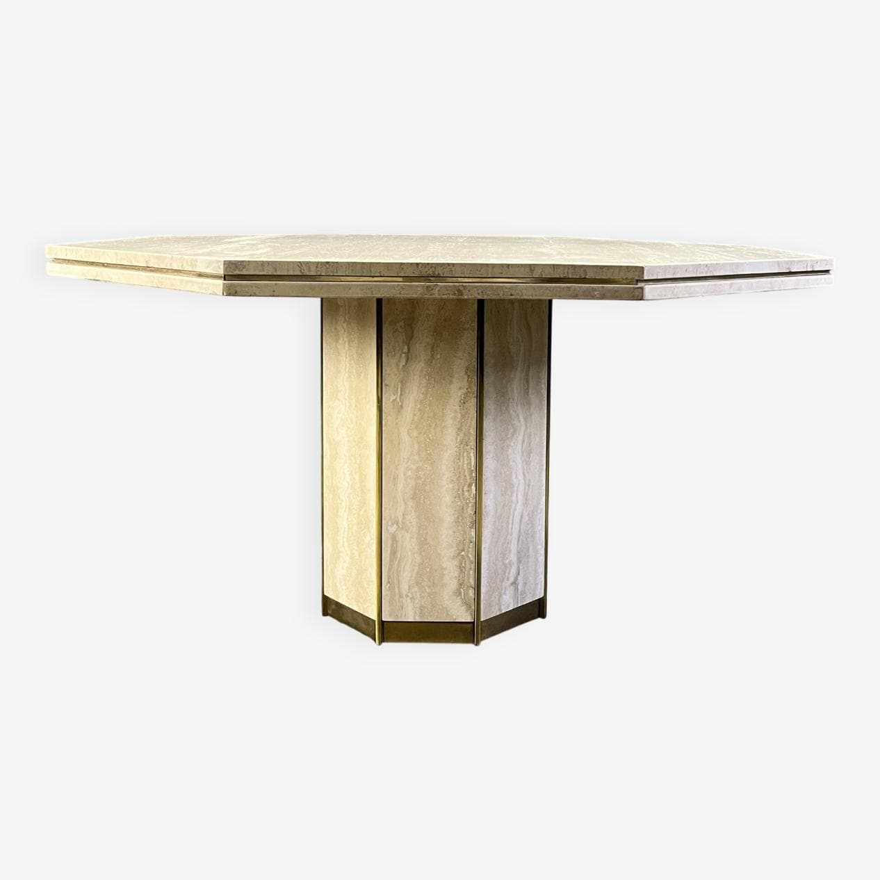 Stół jadalniany ośmiokątny, beżowy, trawertyn, mosiądz, Włochy, lata 70. - 267693