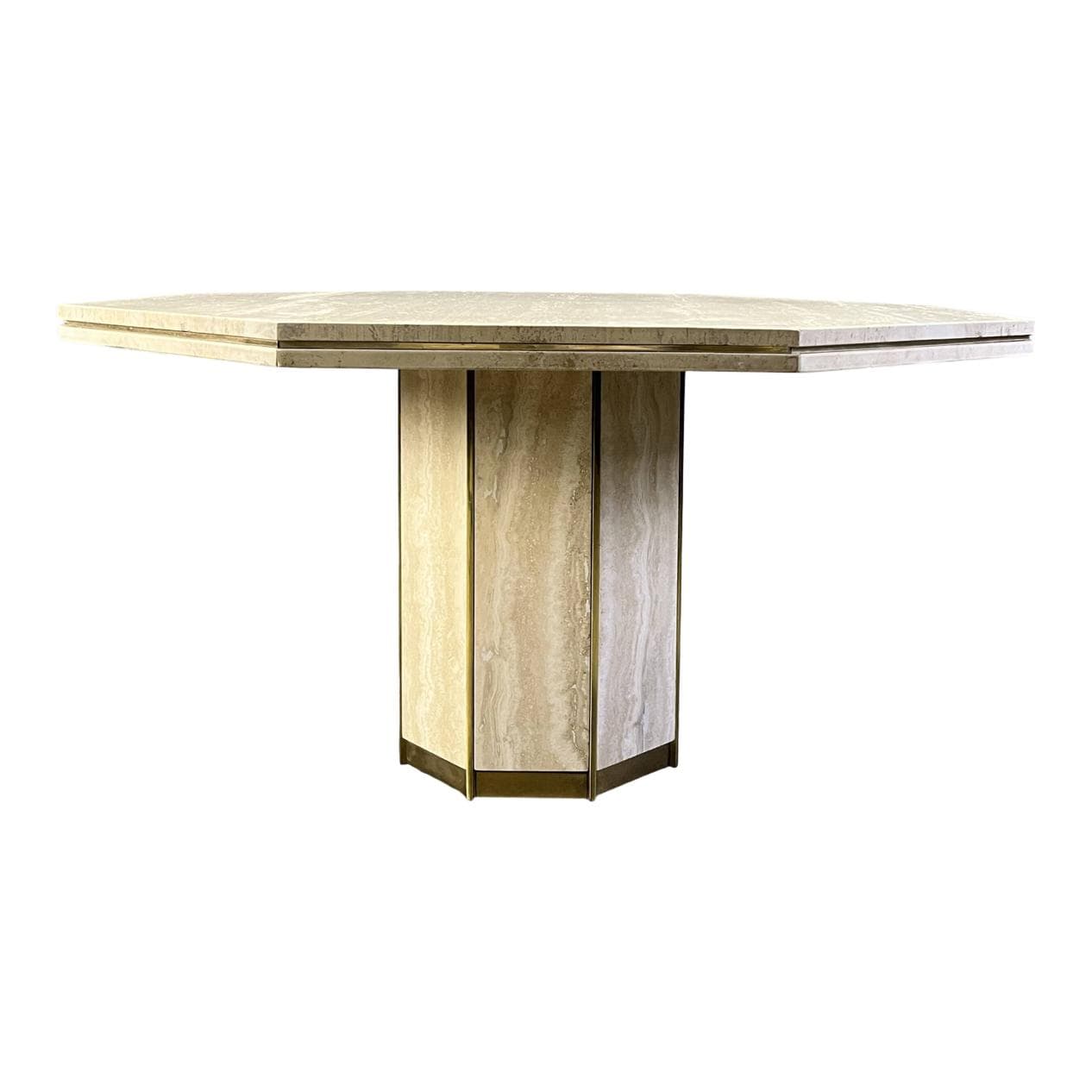 Stół jadalniany ośmiokątny, beżowy, trawertyn, mosiądz, Włochy, lata 70.