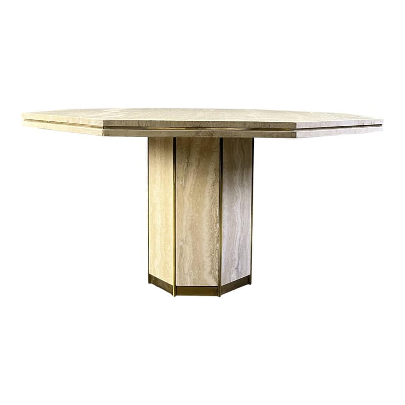 Stół jadalniany ośmiokątny, beżowy, trawertyn, mosiądz, Włochy, lata 70.