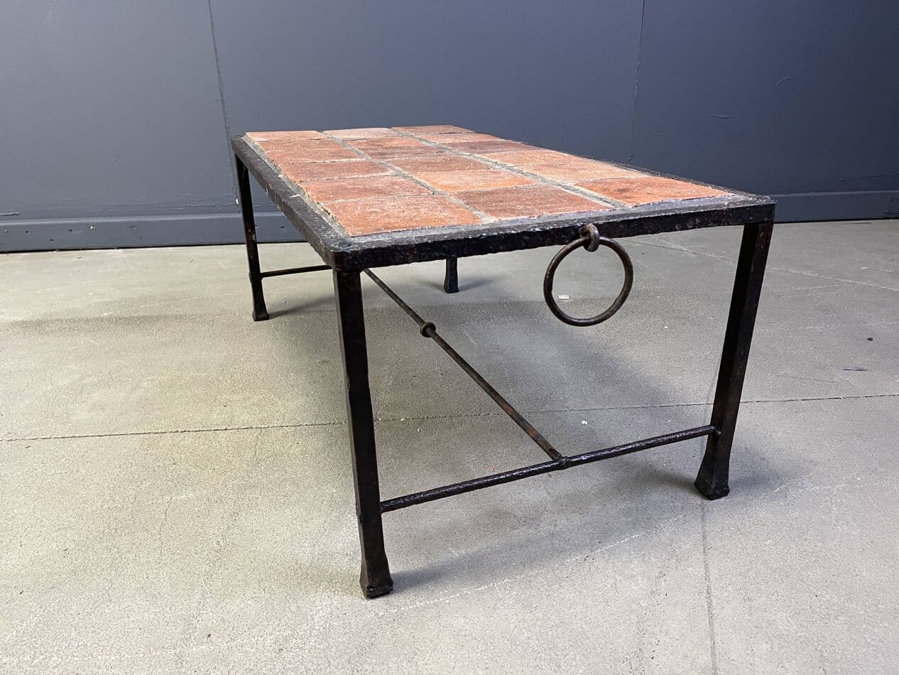 Coffee Table, brown ceramic tiles, dark iron, Spain, 1950s - 267657