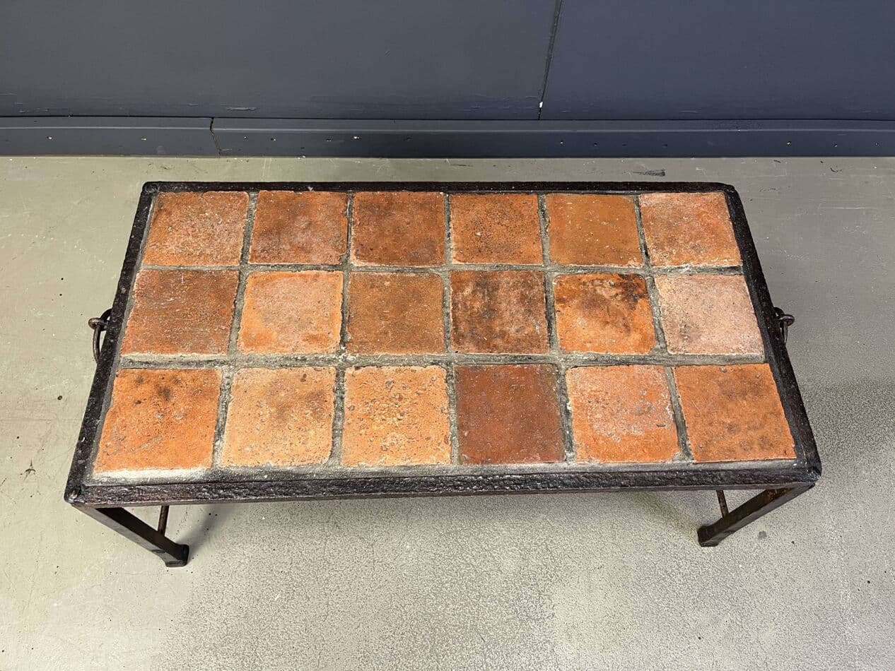 Coffee Table, brown ceramic tiles, dark iron, Spain, 1950s - 267654