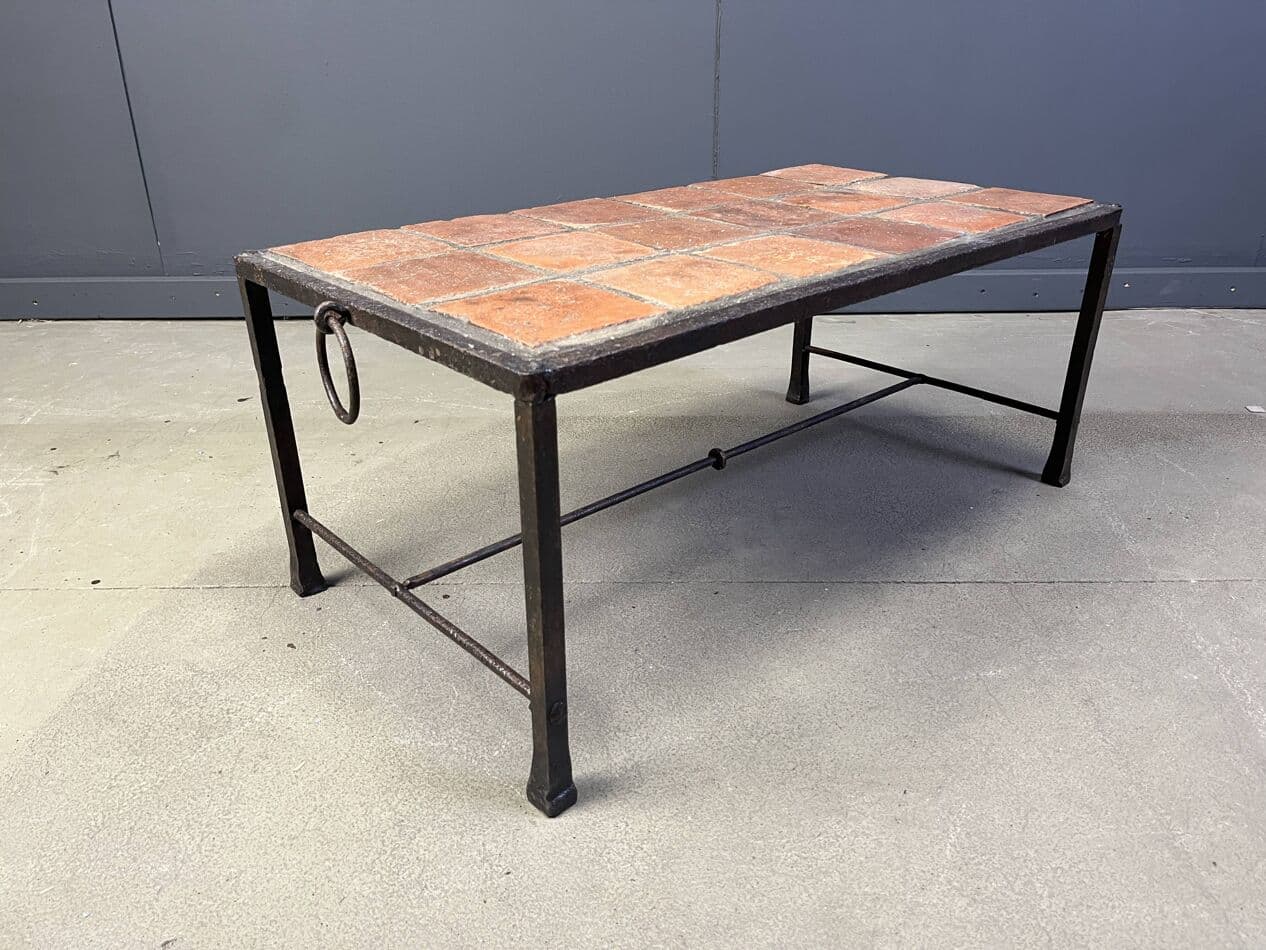 Coffee Table, brown ceramic tiles, dark iron, Spain, 1950s - 267658