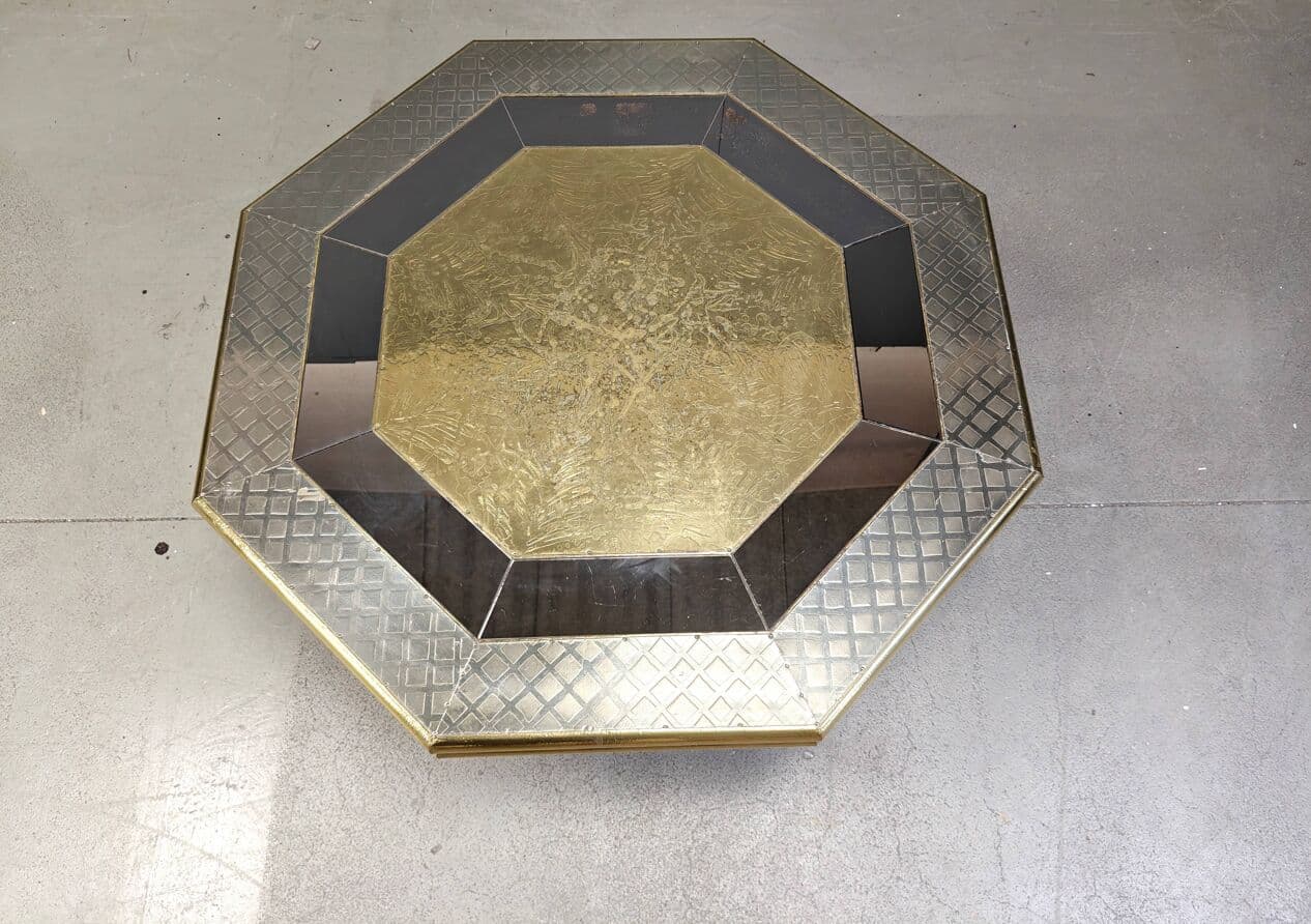 Stolik kawowy, złoty, drewno mosiądz, proj. R. Dubarry, Hiszpania, lata 70. - 267605