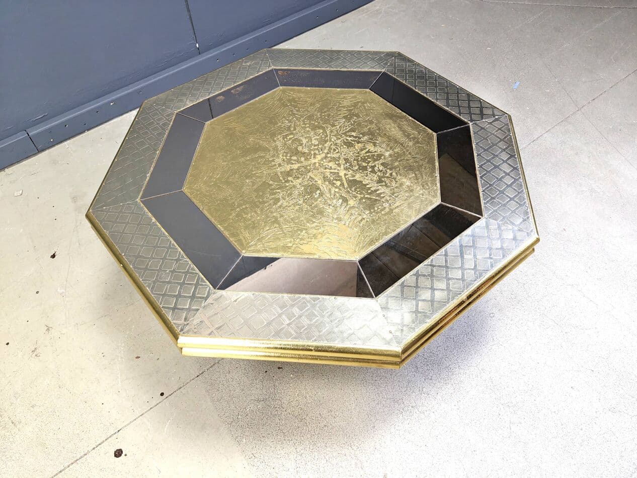 Stolik kawowy, złoty, drewno mosiądz, proj. R. Dubarry, Hiszpania, lata 70. - 267614