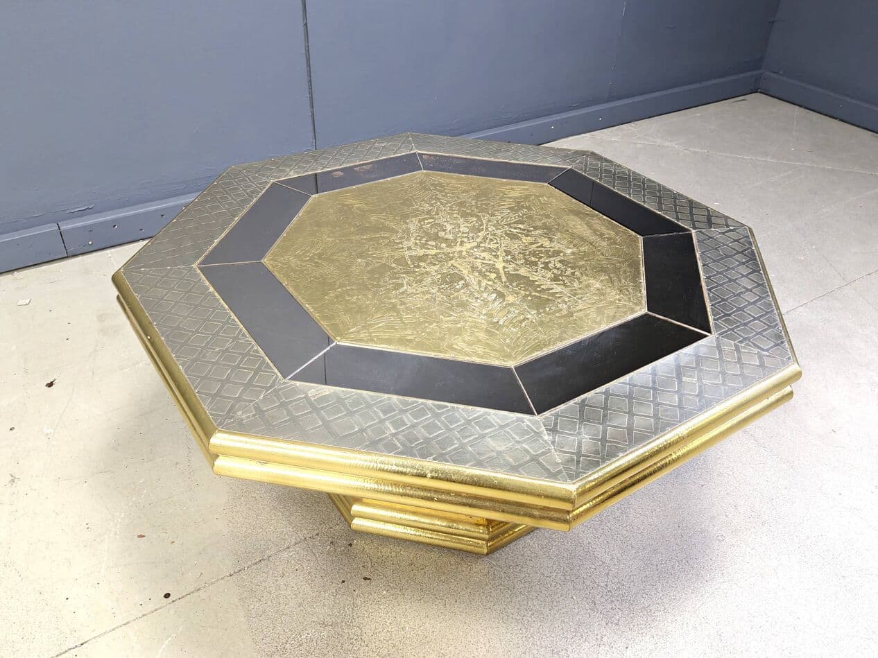 Stolik kawowy, złoty, drewno mosiądz, proj. R. Dubarry, Hiszpania, lata 70. - 267613