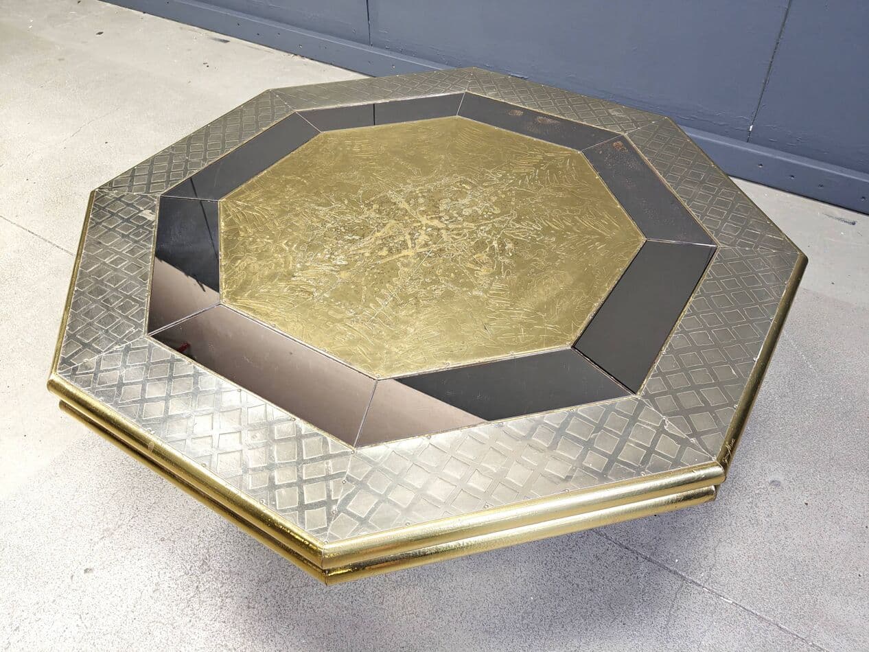 Stolik kawowy, złoty, drewno mosiądz, proj. R. Dubarry, Hiszpania, lata 70. - 267609