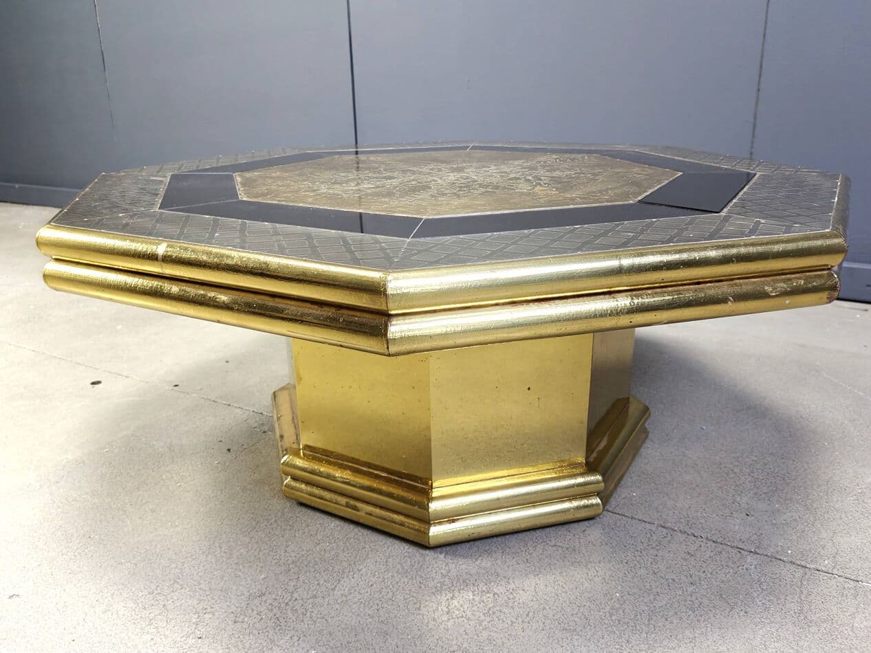 Stolik kawowy, złoty, drewno mosiądz, proj. R. Dubarry, Hiszpania, lata 70. - 267608