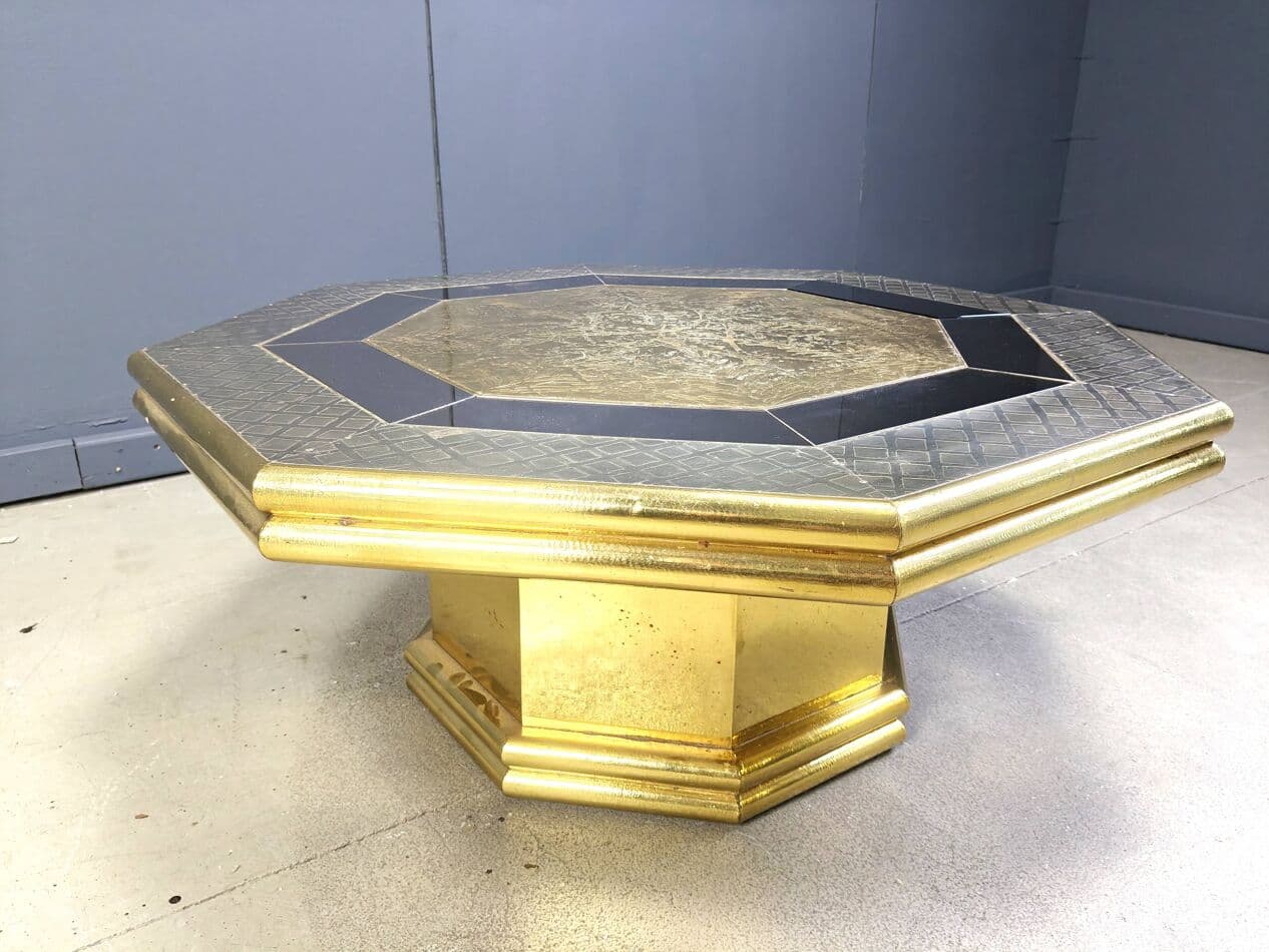 Stolik kawowy, złoty, drewno mosiądz, proj. R. Dubarry, Hiszpania, lata 70. - 267612