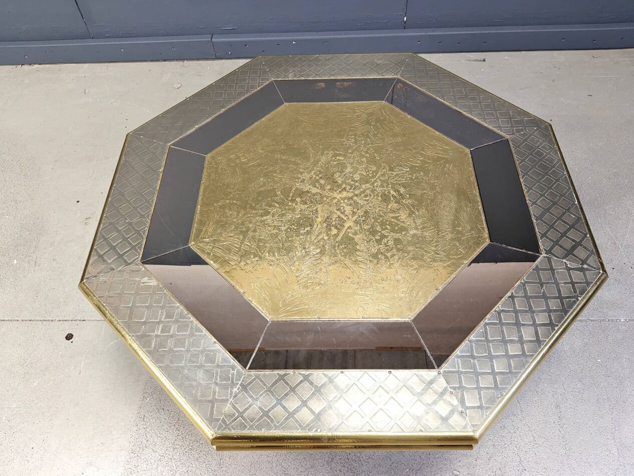 Stolik kawowy, złoty, drewno mosiądz, proj. R. Dubarry, Hiszpania, lata 70. - 267610