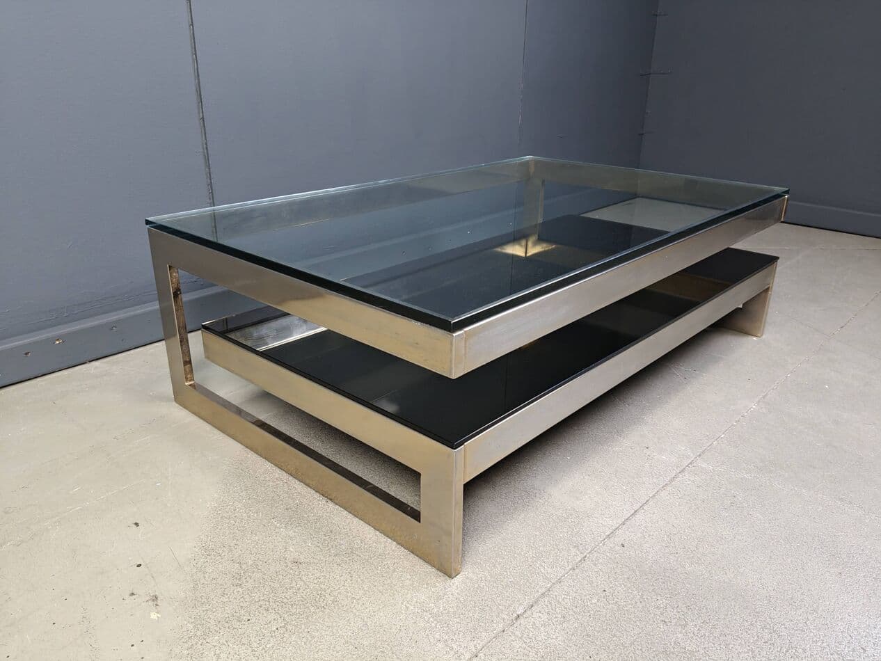 Coffee table G, gold metal, glass, Belgium, 1970s. - 267558