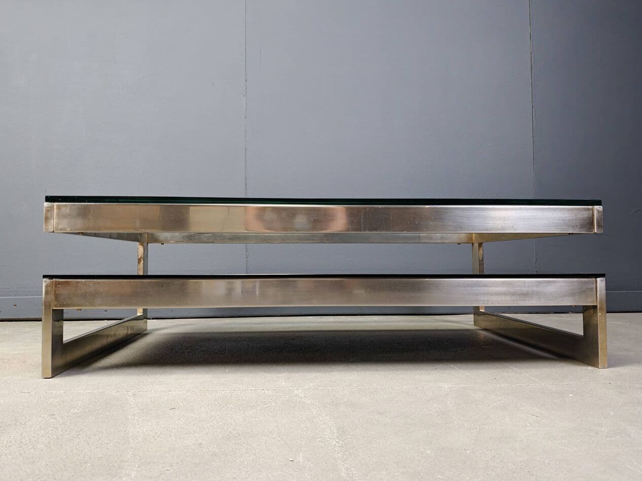 Coffee table G, gold metal, glass, Belgium, 1970s. - 267559