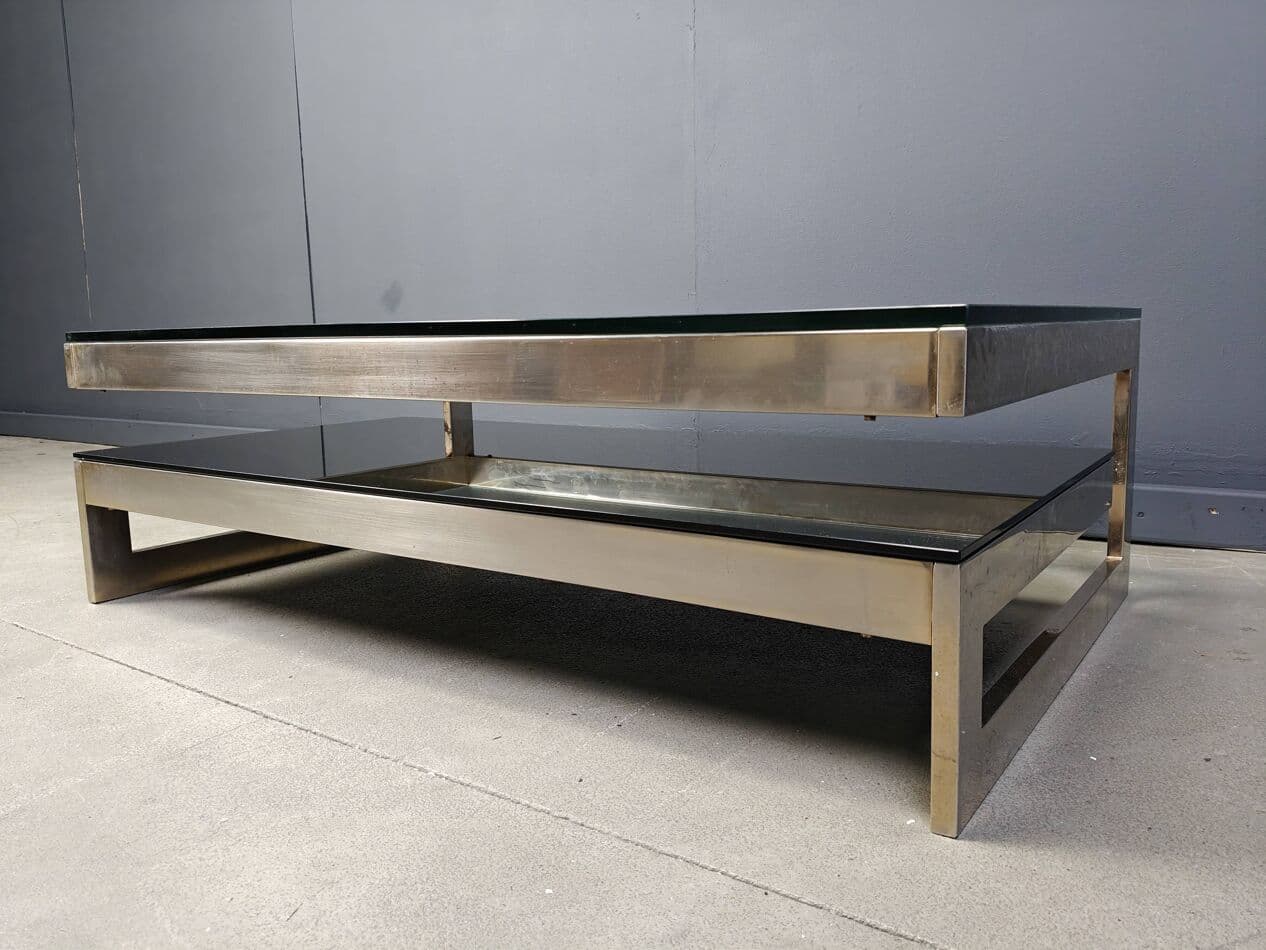 Coffee table G, gold metal, glass, Belgium, 1970s. - 267556