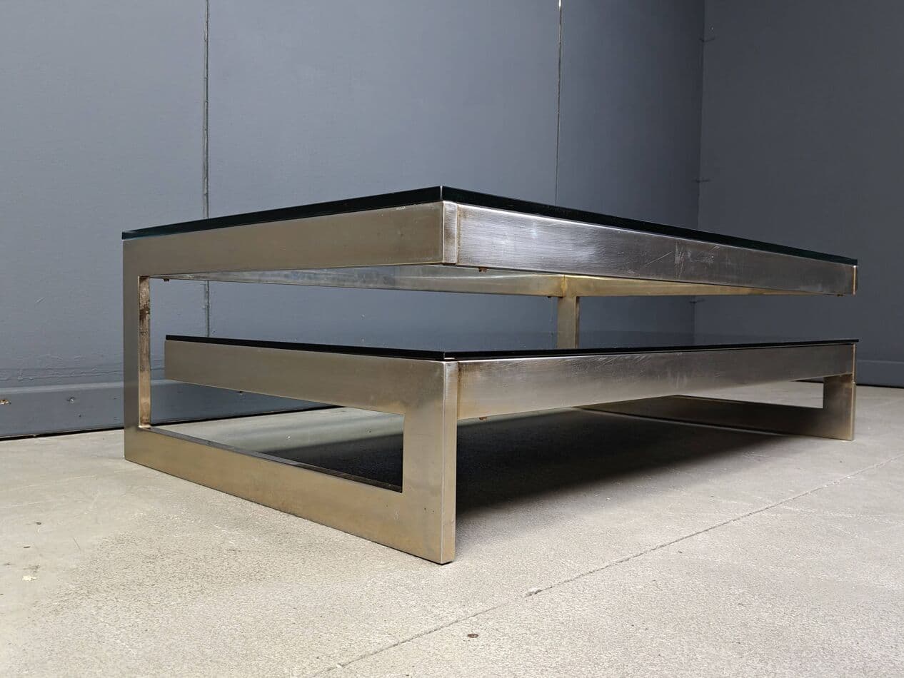 Coffee table G, gold metal, glass, Belgium, 1970s. - 267557