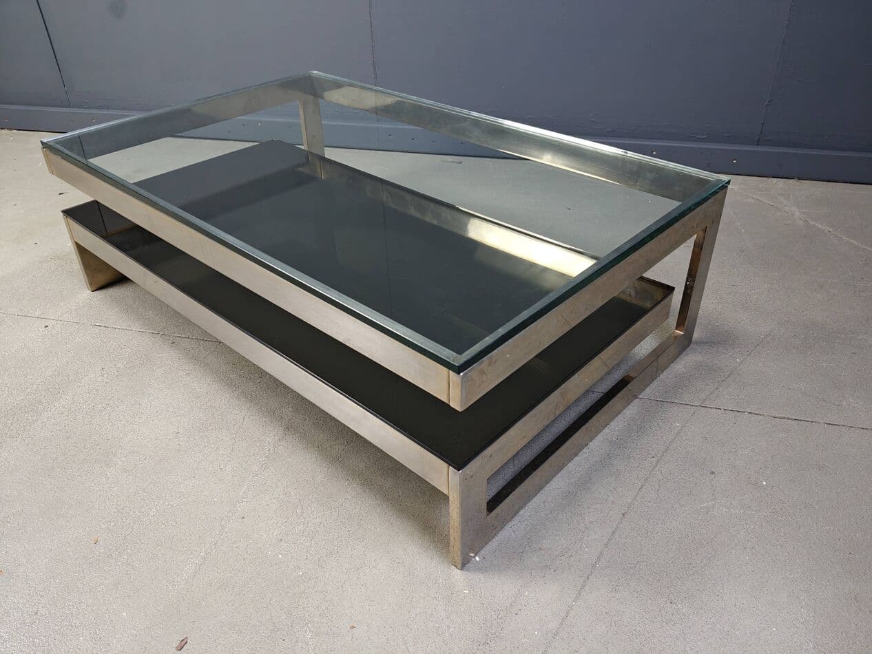 Coffee table G, gold metal, glass, Belgium, 1970s. - 267552