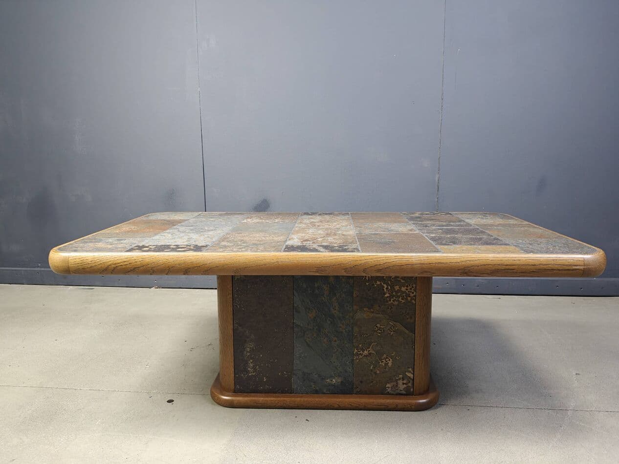 Stolik kawowy brutalistyczny, dąb brązowy, kamień multicolor, Niemcy, lata 70. - 267471