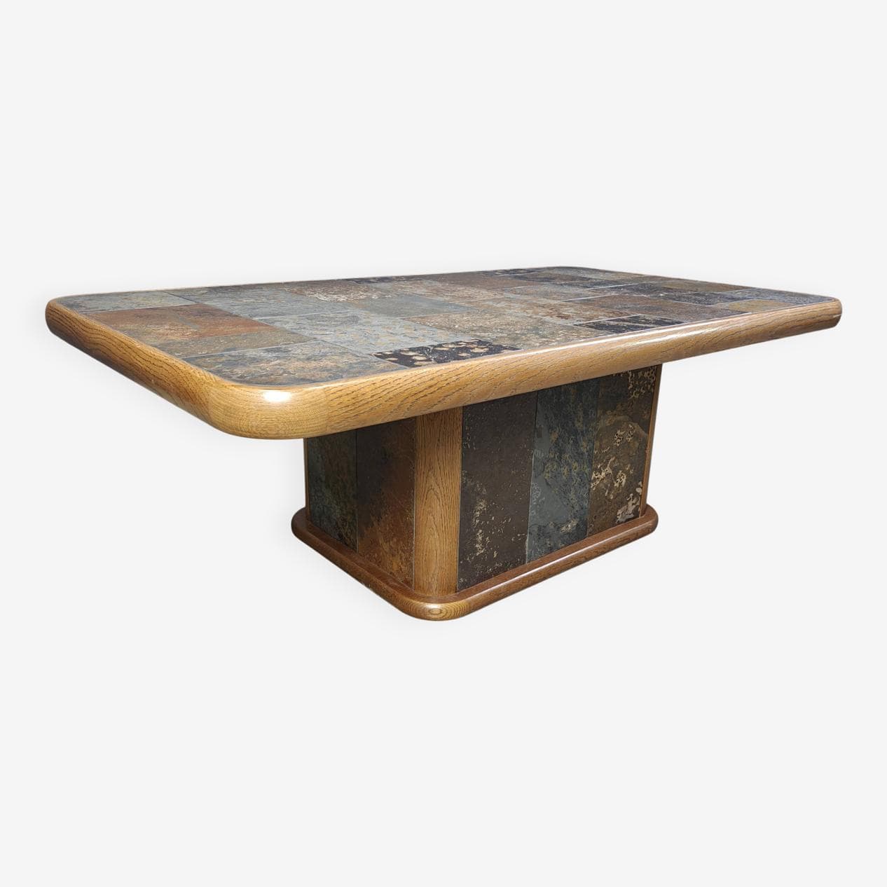 Stolik kawowy brutalistyczny, dąb brązowy, kamień multicolor, Niemcy, lata 70. - 267466