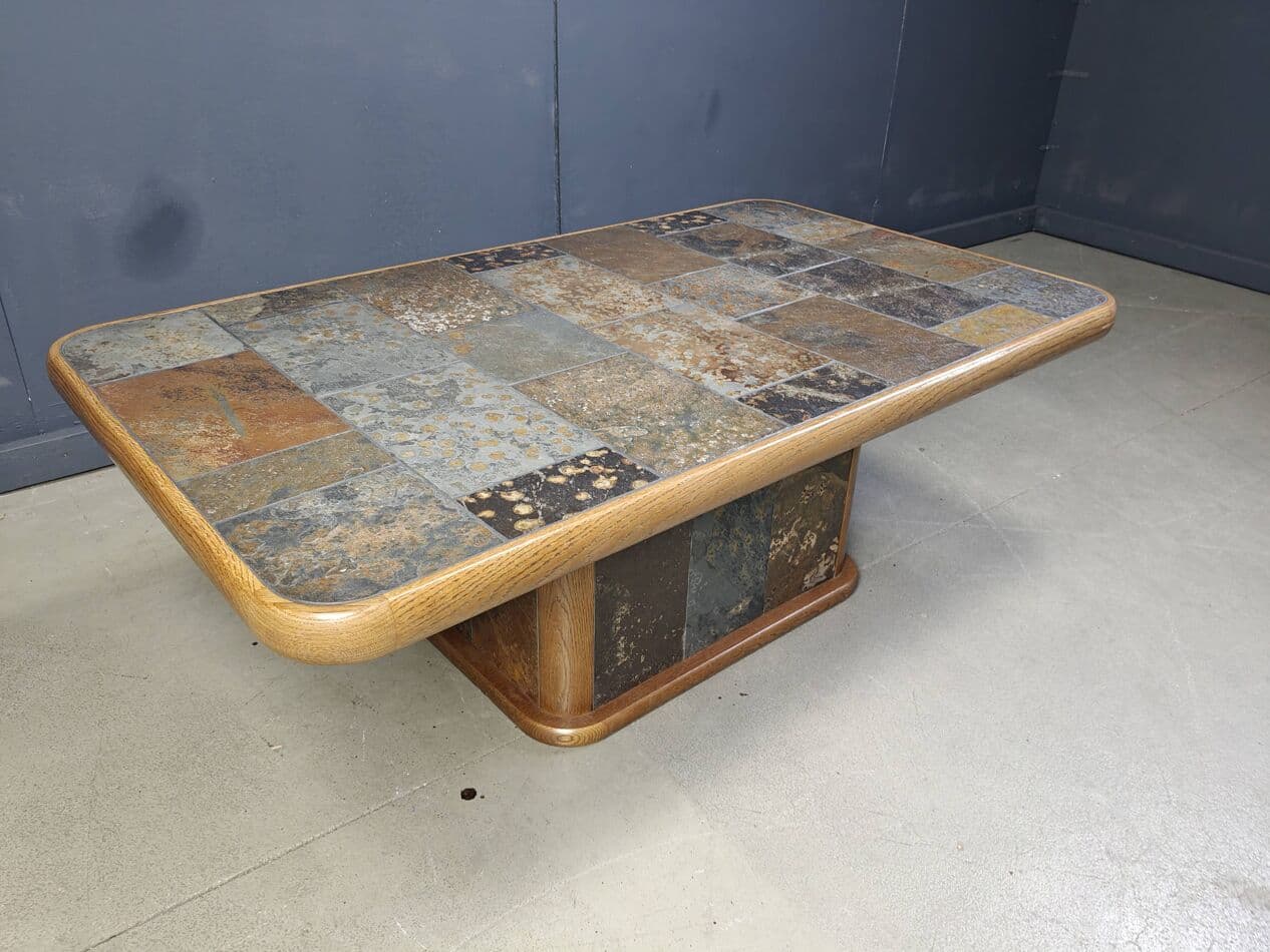 Stolik kawowy brutalistyczny, dąb brązowy, kamień multicolor, Niemcy, lata 70. - 267464