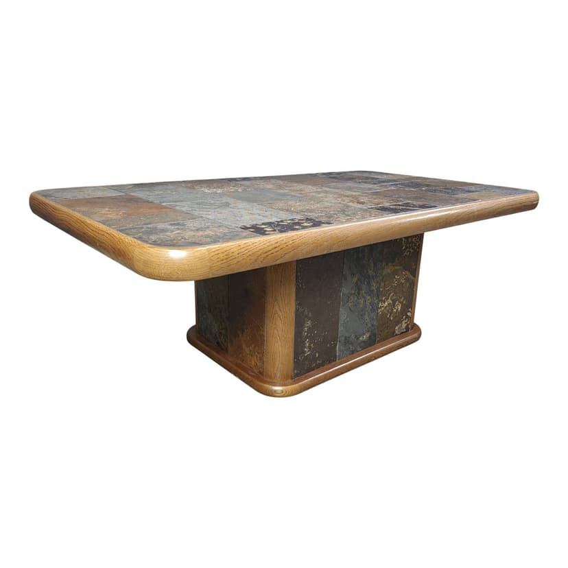 Brutalist coffee table, brown oak, multicolor stone, Germany, 1970s.