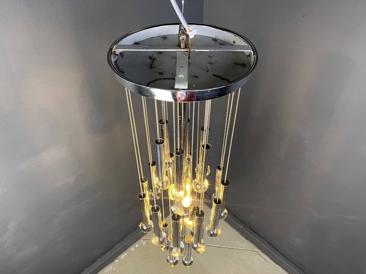 Żyrandol kaskadowy Space Age, chrom srebrny, szkło kryształ, Włochy, lata 70. - 267434