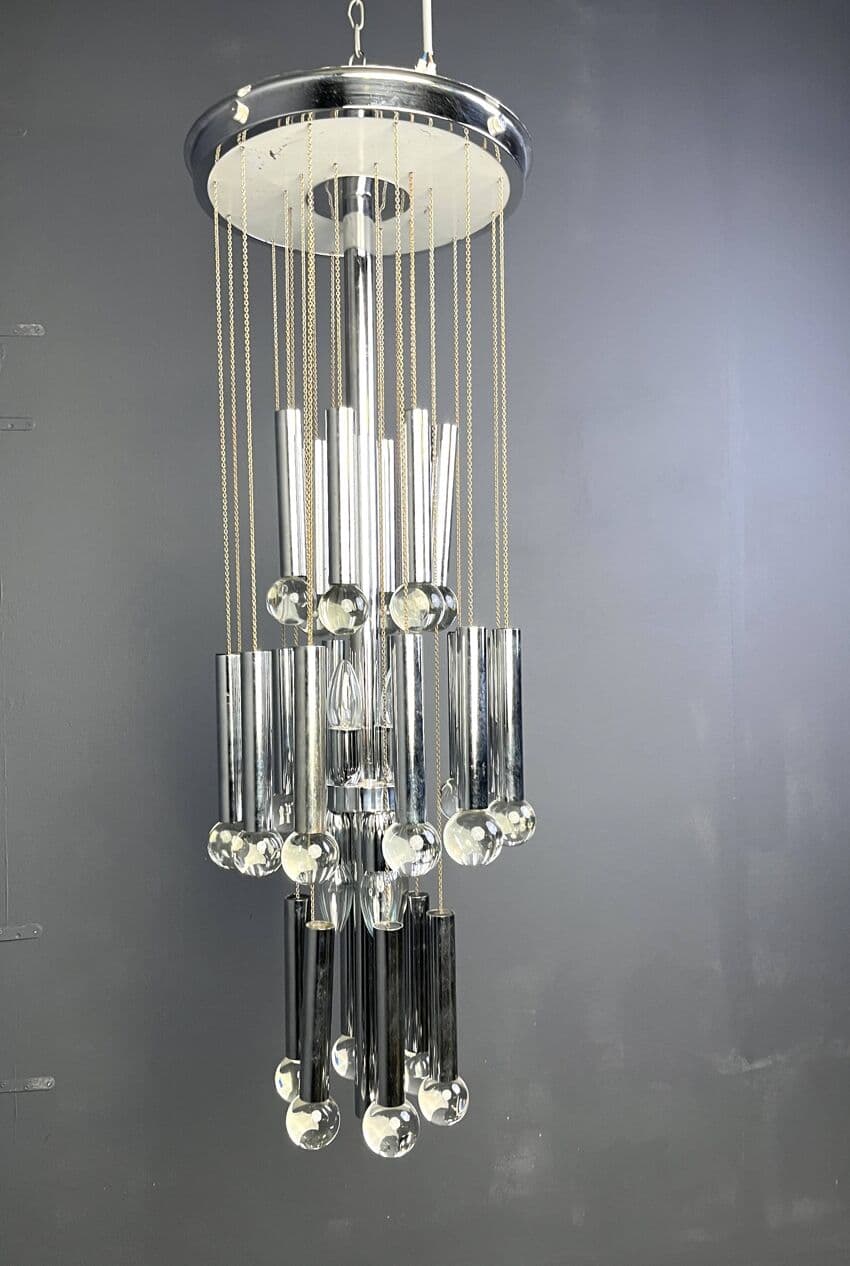 Żyrandol kaskadowy Space Age, chrom srebrny, szkło kryształ, Włochy, lata 70. - 267429