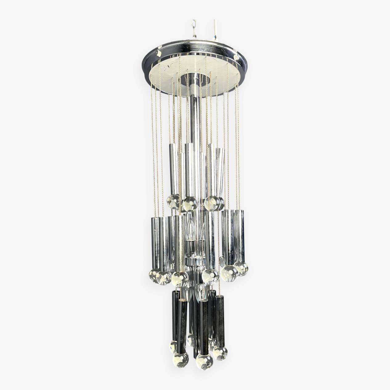 Żyrandol kaskadowy Space Age, chrom srebrny, szkło kryształ, Włochy, lata 70. - 267427