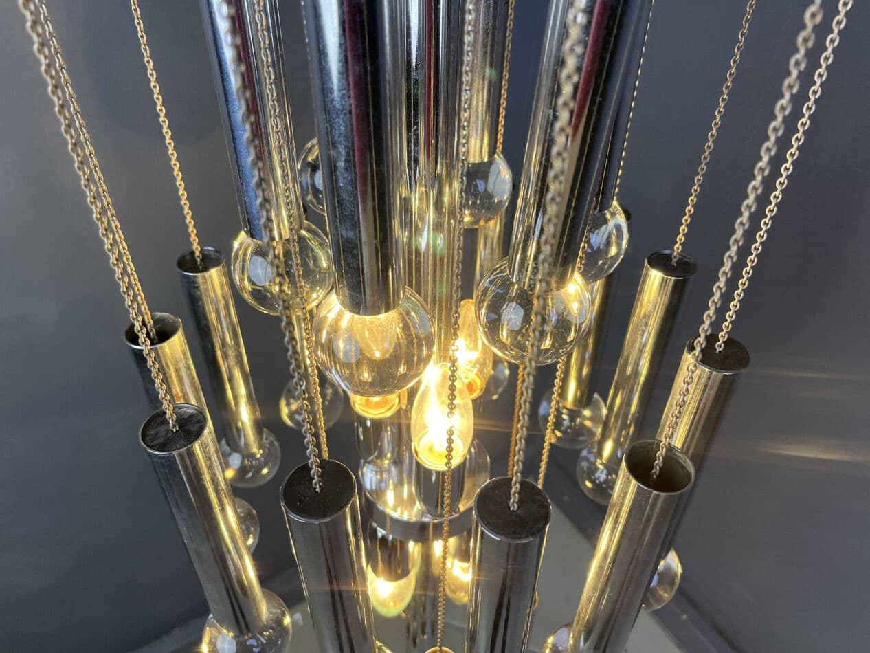 Żyrandol kaskadowy Space Age, chrom srebrny, szkło kryształ, Włochy, lata 70. - 267424