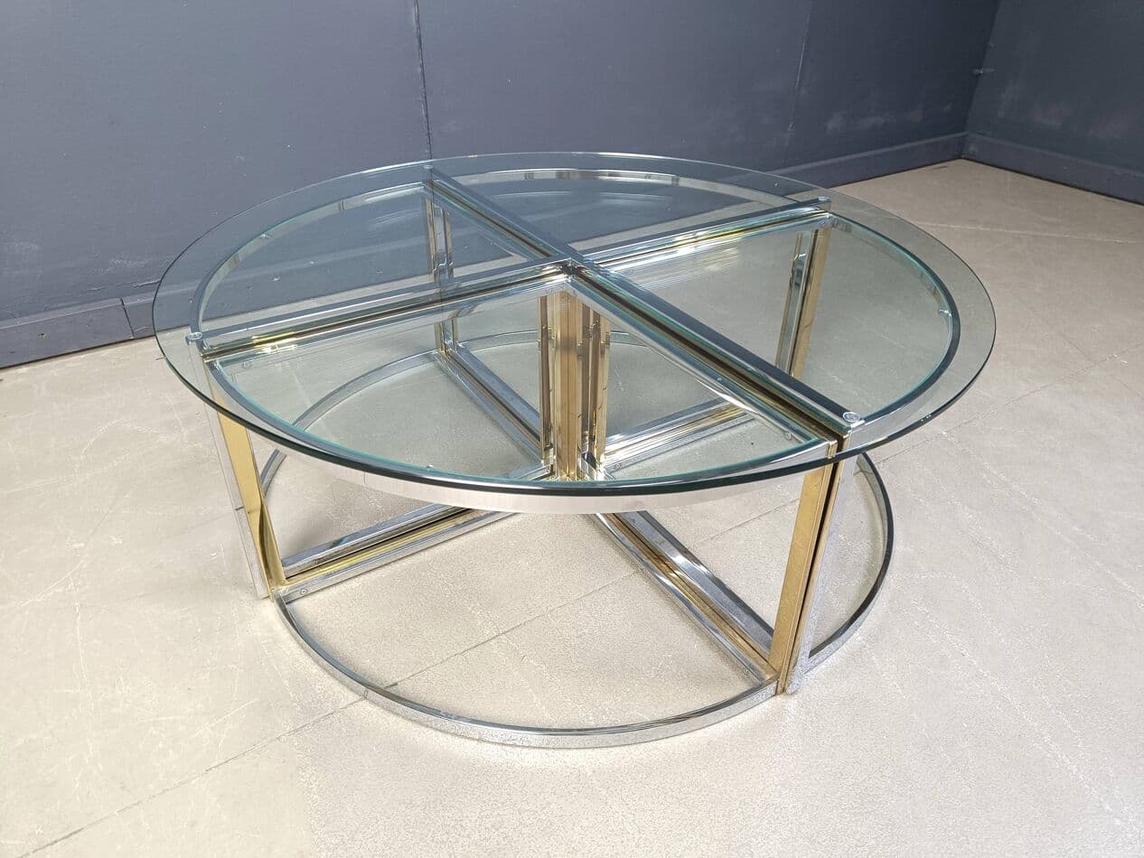 Set of five coffee tables, gold, brass, glass, chrome, France, 1970s. - 267418