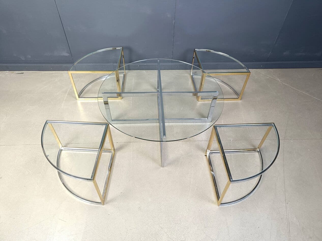 Set of five coffee tables, gold, brass, glass, chrome, France, 1970s. - 267417