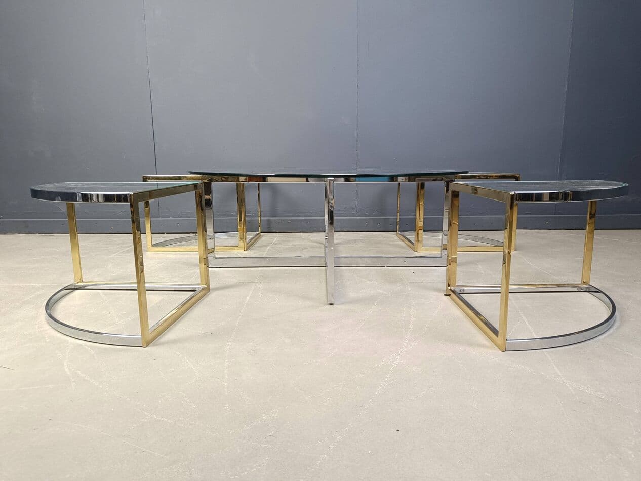 Set of five coffee tables, gold, brass, glass, chrome, France, 1970s. - 267415