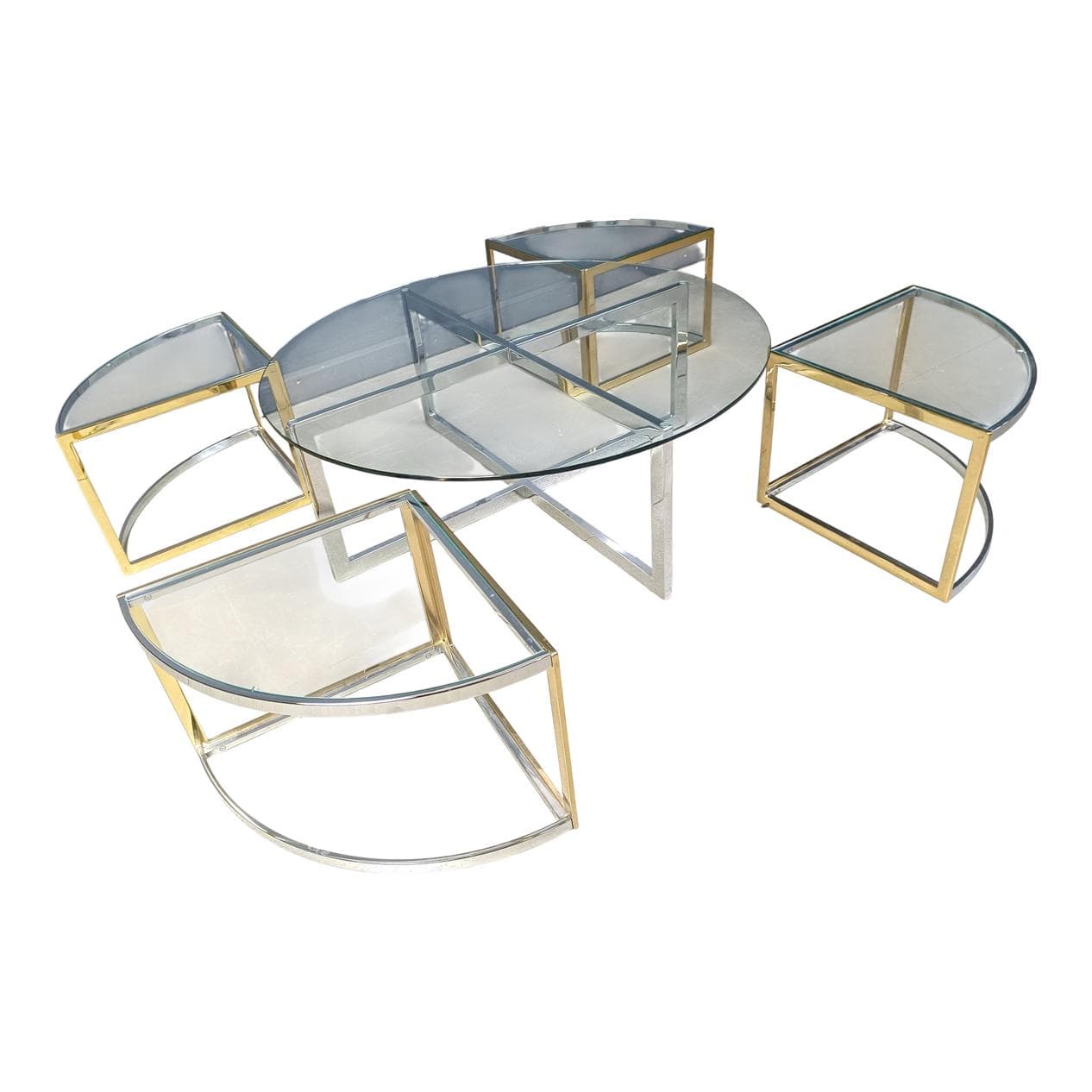 Set of five coffee tables, gold, brass, glass, chrome, France, 1970s.