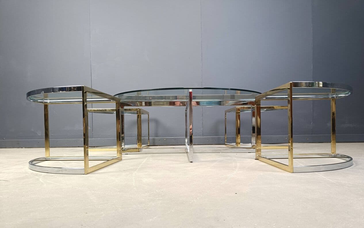 Set of five coffee tables, gold, brass, glass, chrome, France, 1970s. - 267414