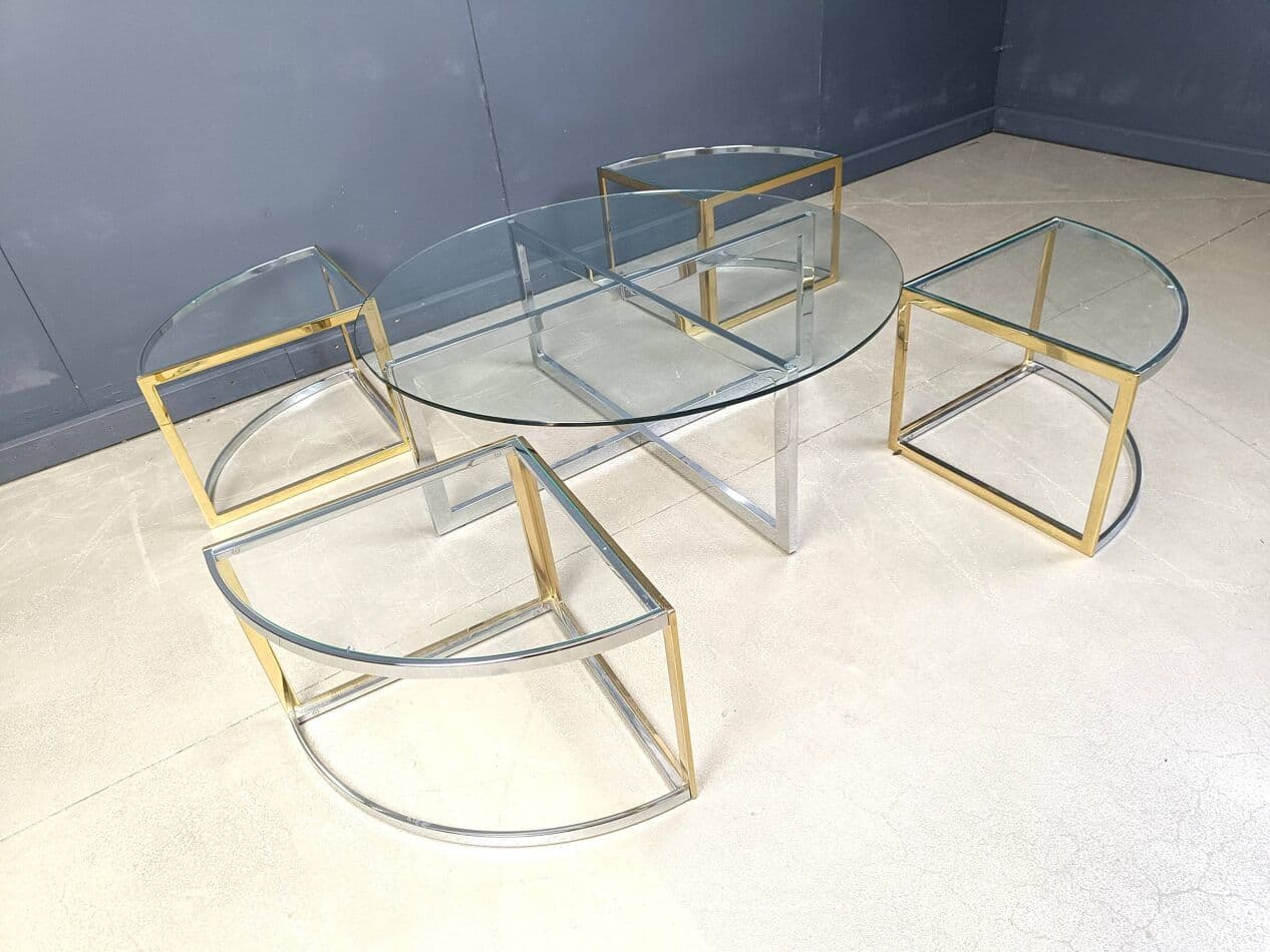Set of five coffee tables, gold, brass, glass, chrome, France, 1970s. - 267410