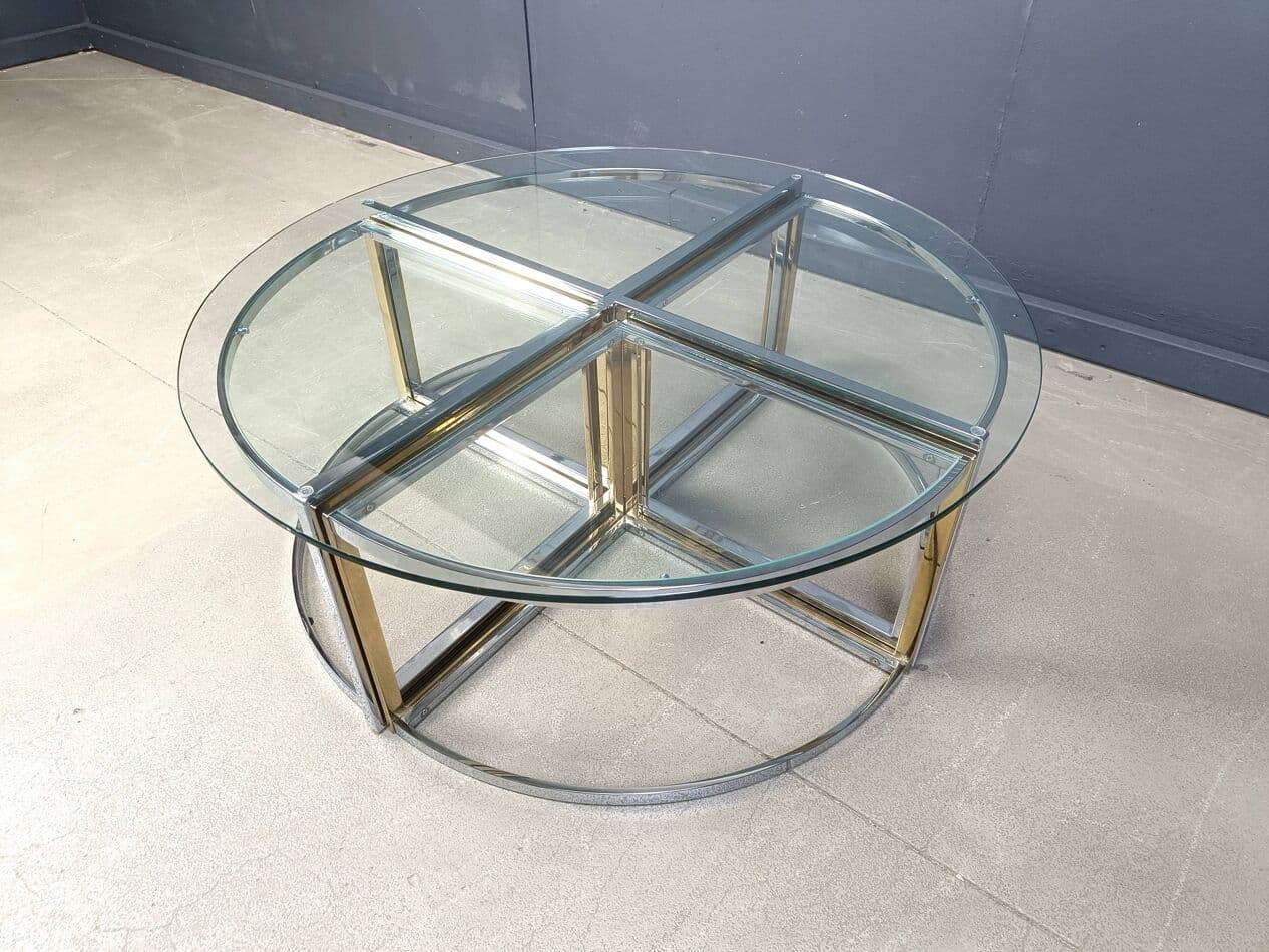 Set of five coffee tables, gold, brass, glass, chrome, France, 1970s. - 267412
