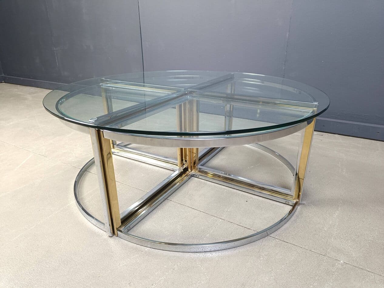 Set of five coffee tables, gold, brass, glass, chrome, France, 1970s. - 267411