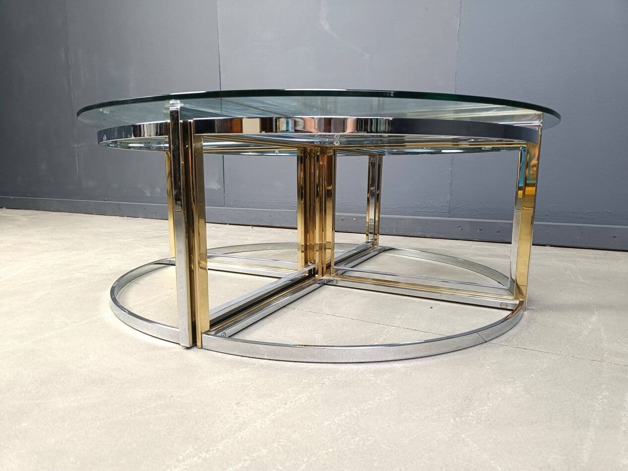Set of five coffee tables, gold, brass, glass, chrome, France, 1970s. - 267421