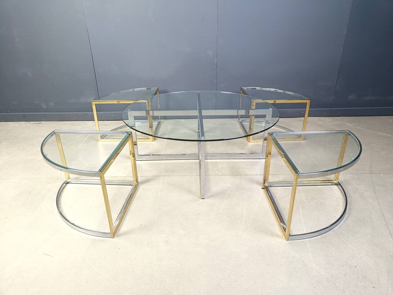 Set of five coffee tables, gold, brass, glass, chrome, France, 1970s. - 267416
